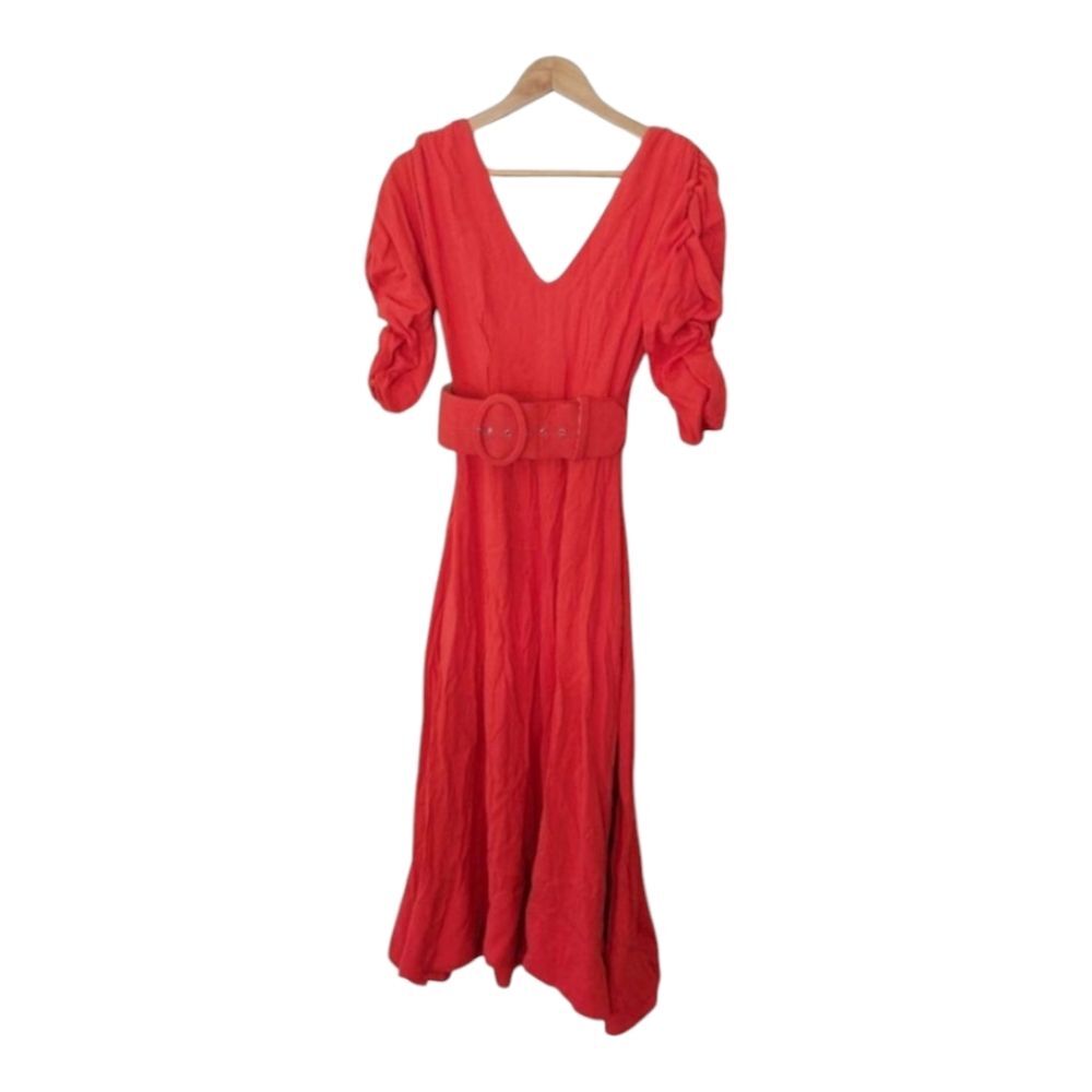 Revolve Nicholas Red Gathered Sleeve Belted Midi Dress